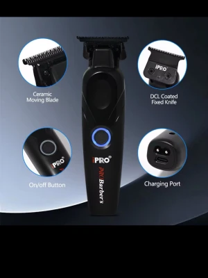 iPRO PROBarber's hårtrimmer svart - Elektrisk hårtrimmer från iPRO i svart med keramisk rörligt blad och DLC-belagd fast kniv för extra skärpa och hållbarhet. Trimmern har en rundad form, on/off-knapp och laddningsport. Perfekt för att fixa frisyren hemma med proffsig känsla.