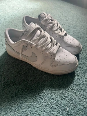 Nike Dunk Low – White / Pure Platinum - Säljer ett par stilrena Nike Dunk Low i en ren vit färg med diskreta detaljer i ljusgrått (Pure Platinum). Skorna har den klassiska Dunk-designen med perforerad tåbox, Nike Swoosh på sidan och en slitstark gummisula med bra grepp.  Detaljer:  * Modell: Nike Dunk Low * Färg: White / Pure Platinum * Stilren och lättmatchad design * Låg modell med vadderad krage * Skinnöverdel * Gummisula med klassiskt Nike-mönster * Normala bruksspår förekommer enligt bilderna  Storlek: Se storleksetiketten på bil