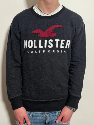 Blå/svart vintage Hollister sweatshirt - Mörkblå/svart vintage sweatshirt från Hollister med tryck framtill. Passar perfekt nu till våren!! Skicket är 8/10 och size XS men sitter som en större S. Skriv gärna vid frågor.