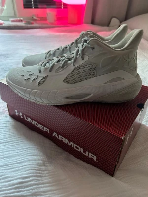 Grå basketskor från Under Armour storlek 43 - Storlek 43. Snygga grå basketskor från Under Armour med ventilerande meshpaneler och robust sula. Skorna har snörning och diskret logga på sidan. Perfekta för dig som vill ha stilrena och funktionella skor till träningen.