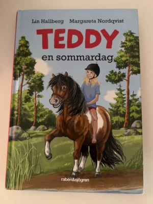 Teddy en sommardag bok - Barnbok med färgglad hård pärm, illustrerad med en flicka som rider en ponny i en grön sommarmiljö. Skriven av Lin Hallberg och illustrerad av Margareta Nordqvist. Utgiven av Rabén & Sjögren. Perfekt för dig som gillar hästar och sommaräventyr.