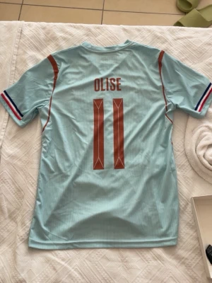 Ljusblå Frankrike fotbollströja - Snygg ljusblå fotbollströja från Nike med Frankrikes landslagsemblem och två stjärnor på bröstet. Nummer 11 och namnet Olise på ryggen. Tröjan har röda och blå detaljer på ärmarna och är tillverkad i ett lätt, ventilerande material med Aero-Fit teknologi. Storlek är 164 men passar som storlek S 