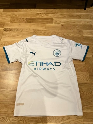 Manchester City vit matchtröja Puma - Snygg vit Manchester City matchtröja från Puma med klubbmärke och sponsortryck på bröstet. Tröjan har blå detaljer vid ärmslut och axlar samt korta ärmar. Perfekt för fotbollsträning eller att bära till vardags för fans.