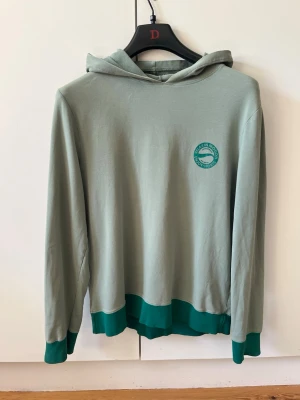 Ljusgrön hoodie med gröna detaljer från Bonprix strl 48/50 M - Snygg ljusgrön hoodie från Bonprix bpc collection med huva och mörkgröna muddar vid ärmslut och nederkant. På bröstet finns ett litet tryck med text och grafisk detalj. Hoodien har ett väldigt litet hål på ena armen, se bild. Material 95% bomull, 5% elastan. Storlek 48/50, M.