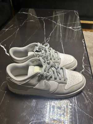 Grå vita dunks - Snygga gråa sneakers med lågt skaft och klassisk siluett. Skorna har ovandel i mocka och textil, perforerad tåbox och matchande grå skosnören. Perfekta för dig som gillar stilrena och neutrala färger.
