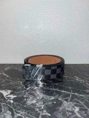 Svart och grått Louis Vuitton bälte - Snyggt bälte från Louis Vuitton i svart och grått med klassiskt rutigt mönster och stor LV-logga på metallspännet. Bältet har en lyxig känsla och insidan är i ljust skinn. Perfekt accessoar för att lyfta din outfit.