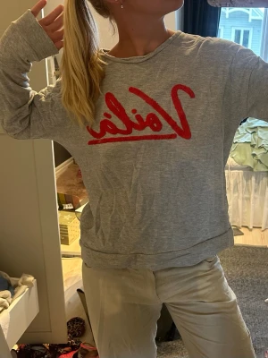 Grå sweatshirt med röd text - Säljer denna grå sweatshirt med röd text på bröstet i ett coolt typsnitt. Lite tunnare tyg så väldigt lätt att ha på sig och passar bra en sommarkväll eller myskväll hemma!