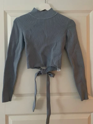 Blå ribbad croppad polotopp - Snygg grå ribbad croppad polotopp med långa ärmar och knytband i ryggen. Toppen har öppen rygg.