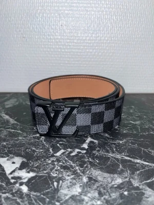 Rutmönstrat Louis Vuitton bälte - Snyggt bälte från Louis Vuitton med svart och grått rutmönster och stor LV-logga i metall framtill. Bältet har en klassisk design med svart spänne och insida i ljust skinn. Perfekt accessoar för att lyfta din outfit.