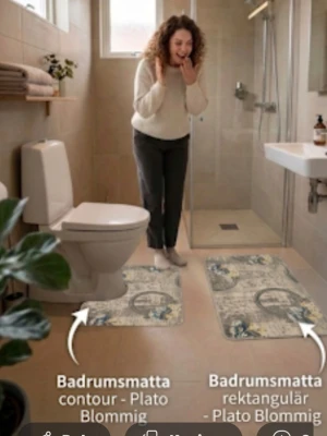 Set med två badrumsmattor 2 del 60x100- 50x60 - Säljer ett set med två badrumsmattor, en contourmatta och en rektangulär matta. Finns i två olika mönster: blommigt i beige och blå toner samt svartvitt grafiskt mönster. Mattorna är mjuka och passar perfekt i badrummet för extra komfort.