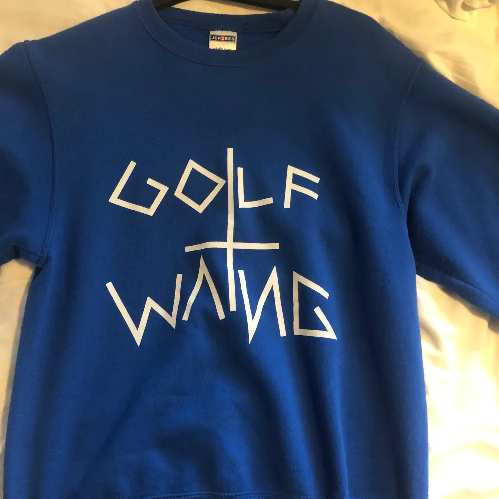 En blå sweatshirt från Golf Wang(Tyler, the Creators märke). Bara använt någon gång och är i väldigt bra skick. Storlek S. Nypris 800 kr säljer för 399. Öppen för bud. Tröjor & Koftor.