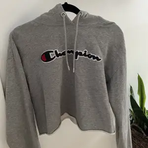 Snygg grå cropped hoodie från Champion med luva. Använd endast vid få tillfällen