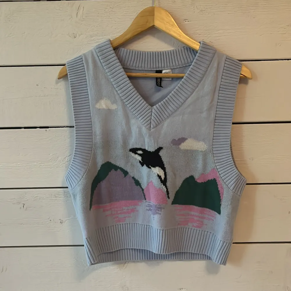 Söt vest med en späckhuggare på. Väldigt pastel och kawaii. Endast använd en gång. Kan mötas upp. Står XXS men är väääldigt oversize så mellan XXS-S . Stickat.