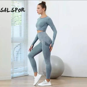 Tränings kläder  - SALSPOR Kvinnor Fitness Yoga Kostym Sport Gym Långärmade Höftbyxor Träning 2 Styck Set Kläder Kvinnlig Ensemble Sport Cykelkläder