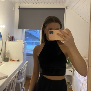 Sammet topp - Säljer denna oanvända halterneck toppen i sammet. Den är öppen i ryggen med knytning. Köpt på New Yorker i storlek S och är i nyskick🤍 Köparen står för frakt!