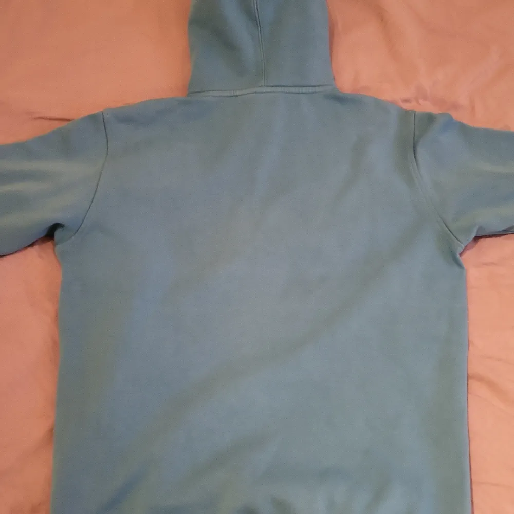 Ljusblå hoodie med tryck på framsidan, skick 9/10. Hoodies.