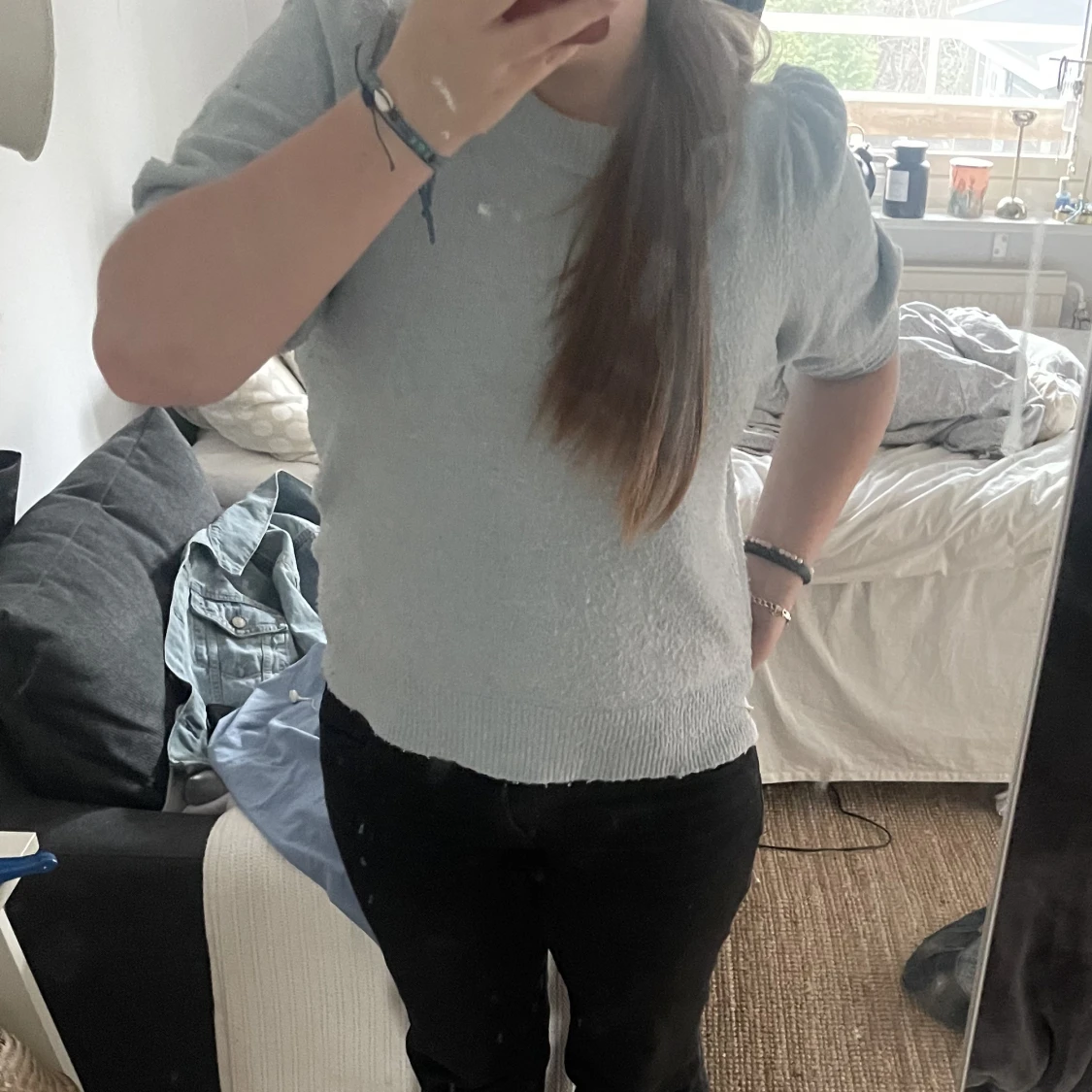 Ljusblå stickad blus/topp/t-shirt