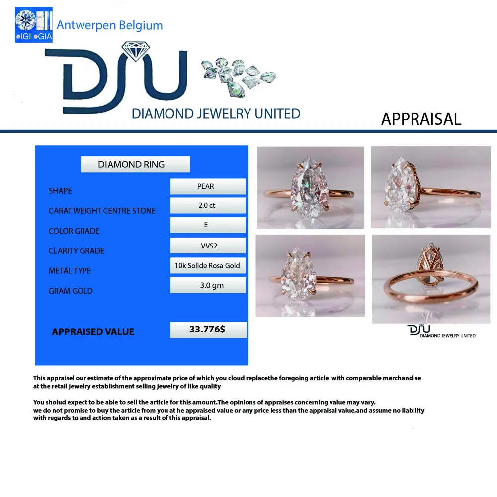2.0ct Päron Slippat Natural Diamant Ring i 10kt Rosa Guldet  med äkthet Antwerpen Belgien värde certifikaten. . Övrigt.