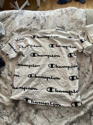 En vit T-shirt med Champion märken,tvättar den innan köp.Kostar 345kr+frakt 20kr