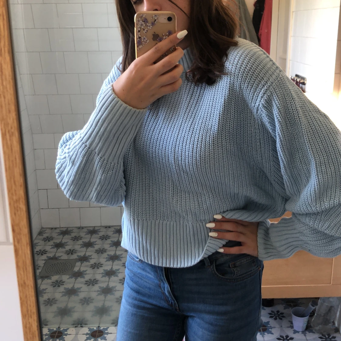 Blå stickad tröja  - 90