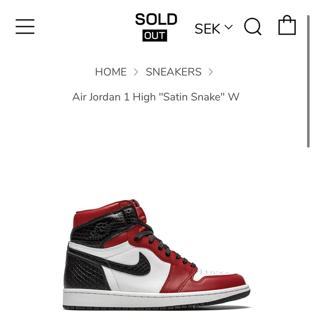 Säljer Jordan 1 high i modellen ”Satin Snake” mycket sparsamt använda! Storlek 42. Box samt extra snören medföljer! Pris kan diskuteras vid smidig affär!. Skor.