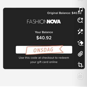 Returnerade en vara på Fashion Nova men fick presentkort som återbetalning vilket jag inte vill ha det är 446kr i det koden får du efter Swish 