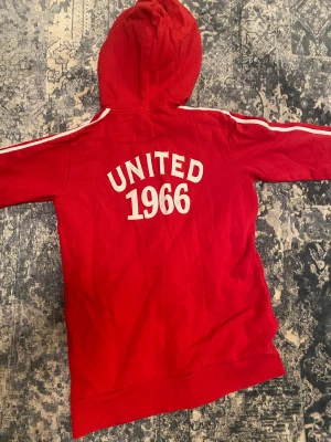 Röd zip upp hoodie  - En röd zip up hoodie med vita detaljer, lite kortare model i armarna, text på ryggen