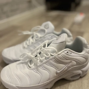 Oanvända vita Nike tn  - Jag har ett par fantastiska Nike TN/Nike Air Max Plus-skor som jag tyvärr aldrig har haft chansen att använda. De är i perfekt skick och ser helt nya ut. Dessa skor är i storlek 44 och har den ikoniska designen som är både bekväm och trendig.