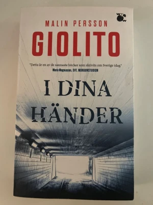 I dina händer av Malin Persson Giolito - En spännande roman av Malin Persson Giolito som utforskar våld, vänskap och kriminalitet bland unga i Sverige. Boken har ett omslag i vitt, rött och blått med en dramatisk tunnelbild. Perfekt för dig som gillar samtidsromaner med djup och starka känslor.