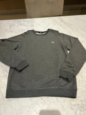 Grå sweatshirt från Adidas - Klassisk grå sweatshirt från Adidas med rund halsringning och diskret logga på bröstet. Tröjan har ribbade muddar vid ärmslut och nederkant samt en avslappnad passform. Perfekt till chill eller streetwear.