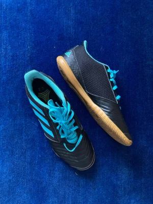 Adidas Predator svart/blå inomhussko - Säljer ett par Adidas Predator inomhusfotbollsskor i svart med blå detaljer och blå snörning. Skorna har en slitstark gummisula i brunt och ovandel i mesh och syntetmaterial för bra ventilation och passform. 