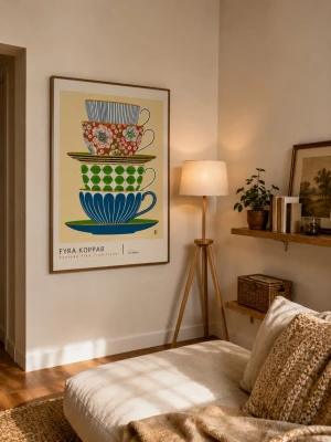 Poster med illustration av koppar - Säljer en poster med färgglad illustration av fyra staplade koppar i olika mönster och färger. Motivet har inslag av blått, grönt, rött och vitt med blommor och blad. Perfekt som inredningsdetalj för att liva upp väggen i hemmet.