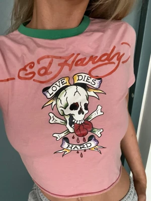 Rosa Ed Hardy croppad t-shirt - Säljer en rosa croppad t-shirt från Ed Hardy med grönt kantband i halsen och ett stort tryck med dödskalle och texten 'Love Dies Hard' på bröstet. T-shirten har korta ärmar och en cool vintagekänsla. Normal passform. 