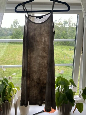 Grön klänning med tunna axelband - Säljer en grön klänning i tunt, lätt material med tunna axelband och rak passform. Klänningen har en enkel design och är perfekt för en avslappnad kväll hemma. Färgen är grön och tyget ser ut att vara mjukt och följsamt.