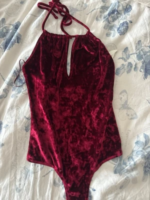 Vinröd sammetsbody med halterneck - Snygg vinröd body i mjuk sammet med halterneck och liten öppning framtill. Perfekt för dig som vill ha något extra till outfiten. Knytband i nacken och åtsittande passform ger en trendig look.