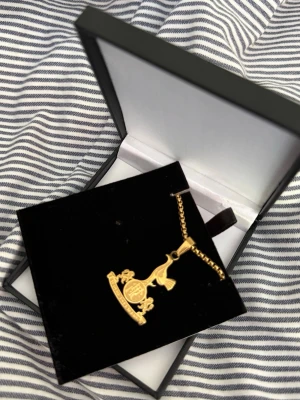 Guldigt Tottenham-halsband - Snyggt halsband i guldfärg med Tottenham Hotspur FC:s klassiska emblem som hänge. Kedjan är av metall och hänget har detaljer som tuppen och boll. Perfekt accessoar för dig som älskar fotboll och vill visa ditt lag. Levereras i en svart presentask med klubbens logga.