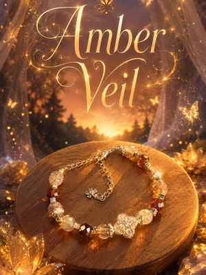 Amber Veil 💫 Armband - Unikt armband med skimrande facetterade glaspärlor i bärnstensfärg och mjölkiga transparenta runda i 8 mm med brunt stänk. Armbandet har justerbar kedja och blomma vid låset. Perfekt för dig som gillar magiska och eleganta accessoarer.