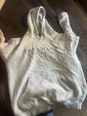 Grå hoodie från Tershine med tryck - Snygg grå hoodie från TeeJays med trycket 'tershine swedish perfection' på bröstet. Klassisk känguruficka framtill, dragsko i huvan och mjukt material. Perfekt för en chill och avslappnad stil.