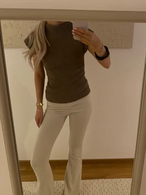 Ribbad brun topp med cap sleeve - Säljer en ribbad brun topp med hög hals och cap sleeve. Toppen har en tight passform och är gjord i ett stretchigt stickat material som ger en snygg siluett. Perfekt att styla med både jeans och kjol för en trendig look.