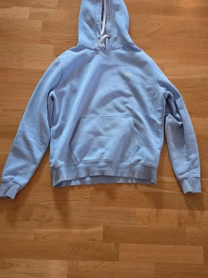 Ljusblå hoodie med broderad logga - Snygg ljusblå hoodie med huva och känguruficka framtill. Tröjan har en broderad vit logga på bröstet och ribbade muddar vid ärmar och nederkant. Tillverkad i mjukt bomullsmaterial som känns skönt mot kroppen. 
