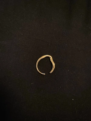 Guldfärgad öppen ring i organisk form - Säljer en unik guldfärgad ring med öppen design och mjukt böjd, organisk form. Ringen har en minimalistisk och modern känsla, perfekt för dig som gillar stilrena accessoarer med en twist. Materialet ser ut att vara metall med guldfinish.