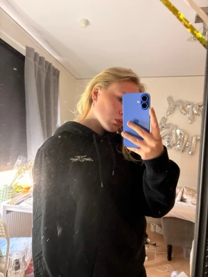 Svart hoodie med döskalletryck - Säljer en svart hoodie med huva och snörning. På bröstet finns en liten vit logga och på ryggen ett stort tryck av en döskalle med fladdermusvingar. Hoodien har en avslappnad passform och är perfekt för dig som gillar streetwear och edgy stil. Vill sälja denna för jag inte hittar någon användning för den.