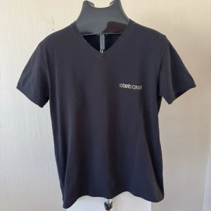 Svart v-ringad t-shirt Roberto Cavalli - Snygg svart t-shirt från Roberto Cavalli med v-ringning och diskret logga på bröstet. Klassisk passform och korta ärmar, perfekt till jeans eller shorts. Tillverkad i mjuk bomull för skön känsla hela dagen.0338