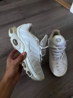 Vita Nike tns sneakers - Säljer ett par vita Nike Air Max Plus sneakers med mesh- och syntetmaterial, ikoniska vågmönster och synliga Air-enheter i sulan. Skorna har vita snören och en chunky sula som ger en sportig vibe. Perfekta för dig som gillar streetwear och klassisk Nike-stil.