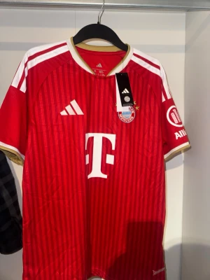 Röd FC Bayern München matchtröja - Säljer en röd FC Bayern München matchtröja från Adidas med vita detaljer, klubbmärke och sponsortryck på bröstet. Nummer 17 och namnet Olise på ryggen. Tröjan har guldfärgade detaljer vid ärmslut och krage samt korta ärmar. 