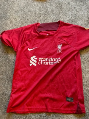 Liverpool matchtröja M. Salah #11 - Röd Liverpool matchtröja från Nike med tryck av M. Salah och nummer 11 på ryggen. Tröjan har klubbmärke och sponsorlogga på bröstet samt vita detaljer. Perfekt för fotbollsfans som vill stötta sitt lag på match eller träning.