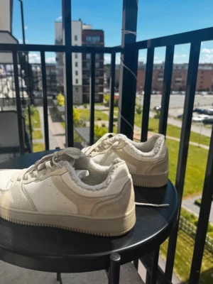 Beige sneakers från Lejon med foder - Säljer ett par beige sneakers från Lejon med mjukt, fluffigt foder på insidan. Skorna har en kombination av mockaimitation och textil, klassisk snörning och låg profil. Perfekta för dig som vill ha både stil och komfort under kalla dagar. Storlek 41