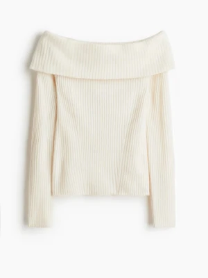 Offshoulder ribbad tröja H&M XS - Superfin ribbstickad offshoulder-tröja från H&M i ljusbeige. Tröjan har lång ärm och bred krage som vilar snyggt över axlarna. Perfekt för dig som gillar en stilren och trendig look med lite extra edge.