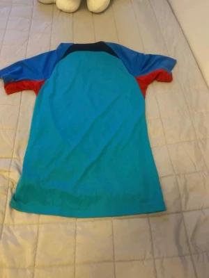 Nike Dri-Fit blå sporttröja XS - Säljer en slim fit sporttröja från Nike i Dri-Fit material. Tröjan är blå med svarta och röda detaljer, har korta ärmar och är tillverkad i ett funktionsmaterial som andas. Perfekt för träning eller sportaktiviteter.