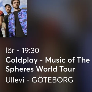 Coldplay biljett ståplats - Jag säljer min ståplats till Coldplay nästa år 2023 den 8e juli på lördagen. Säljer denna biljett då jag råkade dubbelboka mig! Skickar vidare biljetten genom ticketmaster. Skriv gärna ett meddelande vid frågor :)